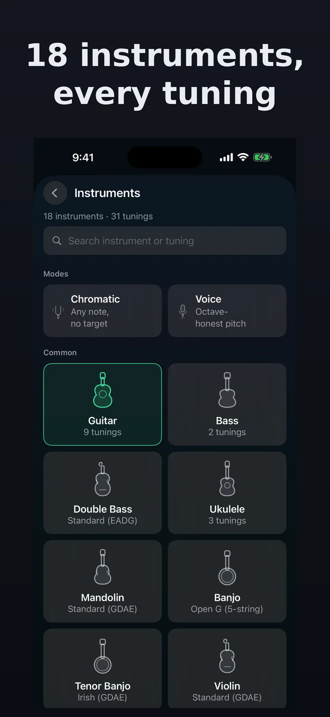 TuneHaven screenshot: the instrument picker showing many of the 18 supported instruments