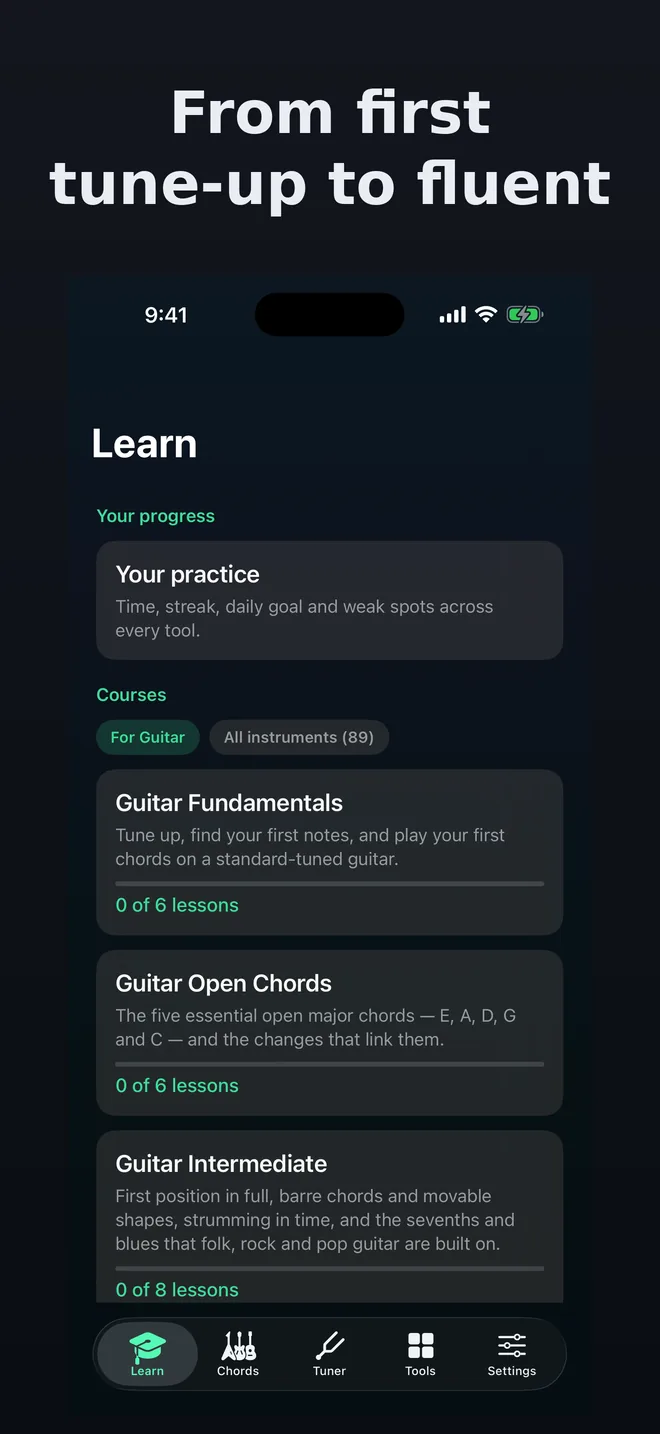 TuneHaven screenshot: the Learn tab with structured courses